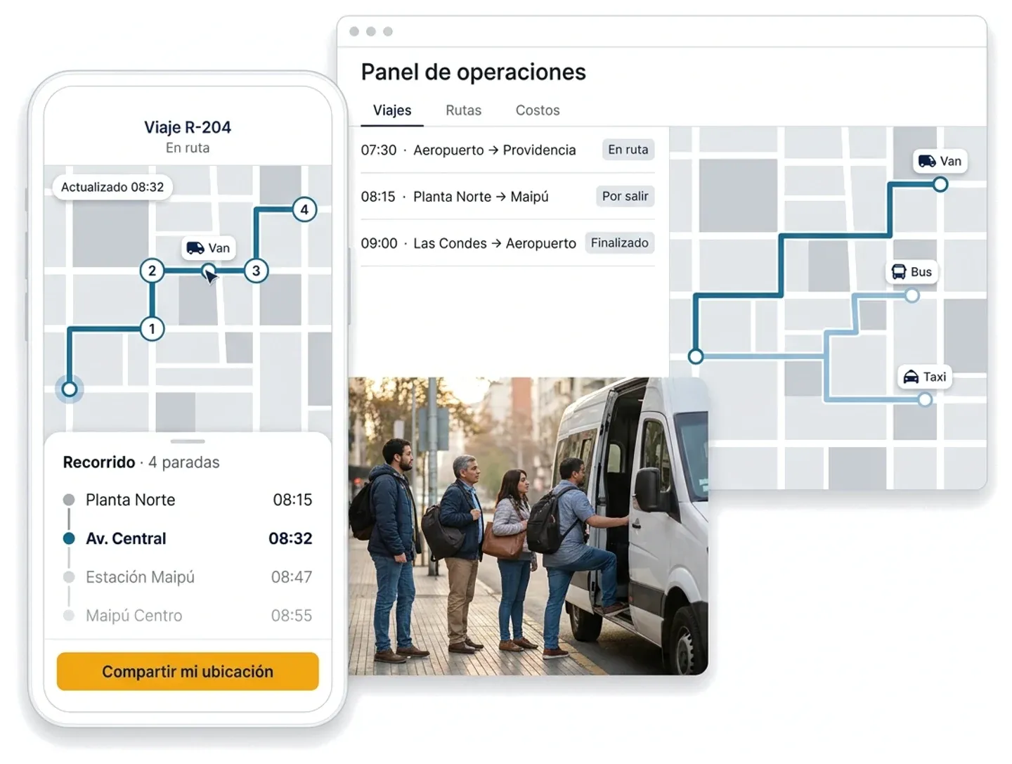 Panel de operaciones de Urvan con la lista de viajes del día y un mapa con tres recorridos en curso, junto a la app del pasajero mostrando el seguimiento del viaje y sus cuatro paradas, una foto de pasajeros subiendo a una van y una tarjeta de validación donde los dos primeros pasajeros de la lista aparecen confirmados.