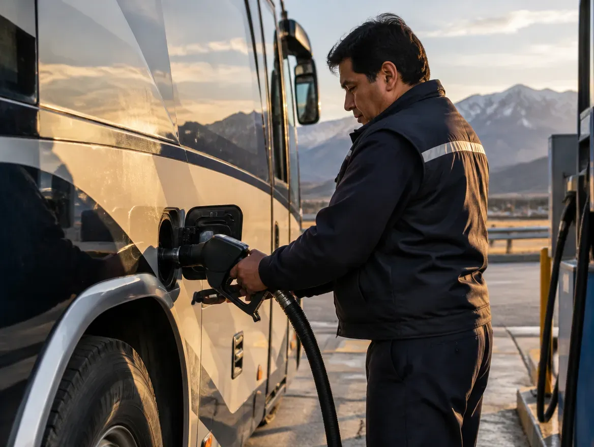 Un conductor carga diésel en un bus de larga distancia en una estación de servicio, con la cordillera nevada al fondo.
