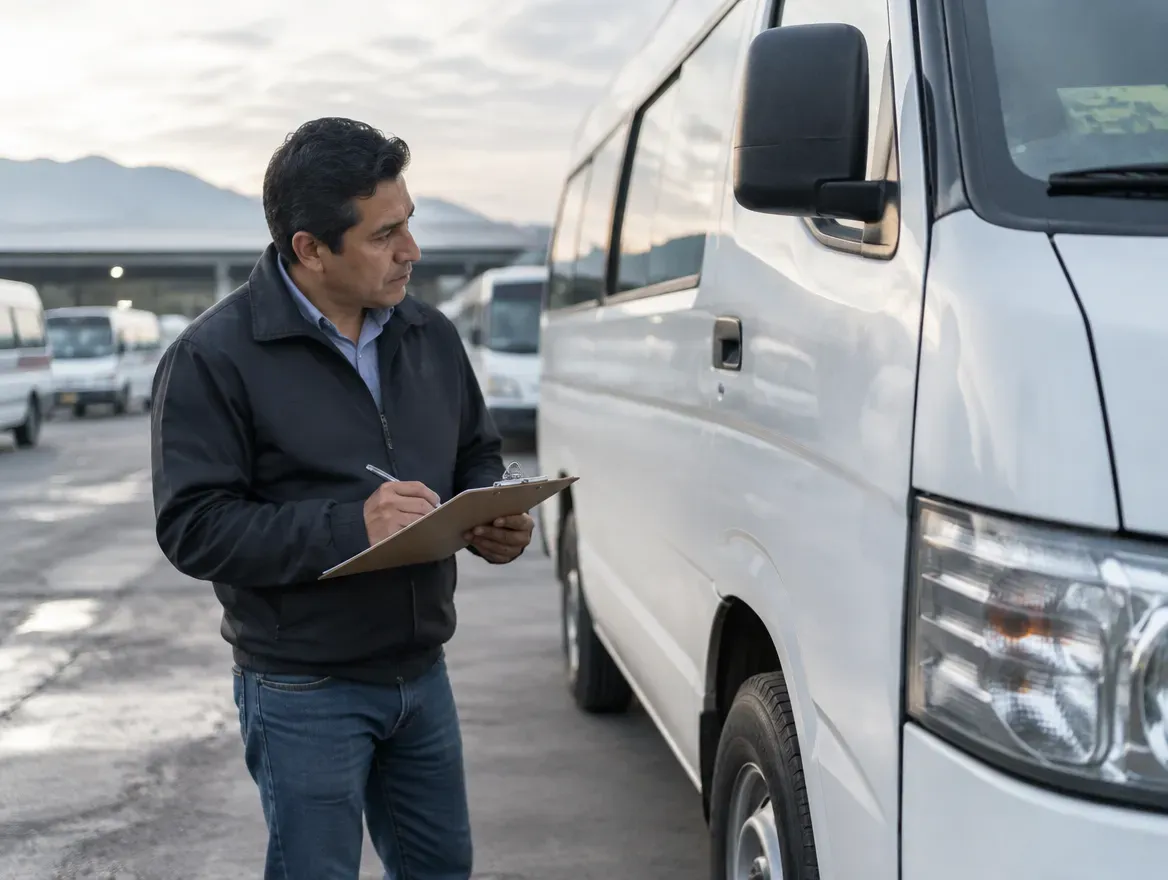 Un hombre revisa con una carpeta una van blanca estacionada en un patio de vehículos, al amanecer.
