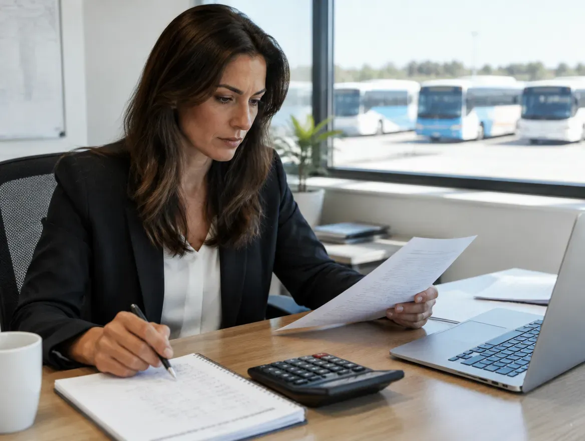 Una mujer revisa una hoja impresa en su escritorio, con una calculadora, un cuaderno de cálculos y un notebook; por la ventana se ven buses estacionados.