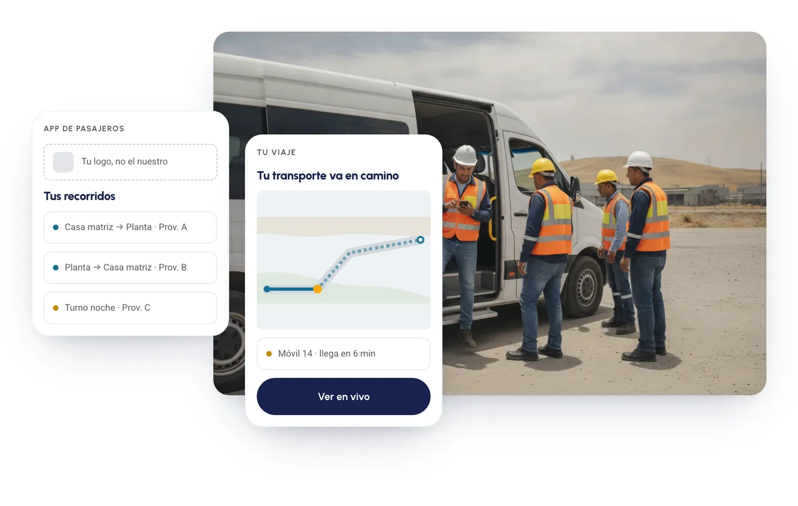 App de pasajeros con tu marca que agrupa los recorridos de todos los proveedores, sobre la foto de trabajadores subiendo a una van de acercamiento