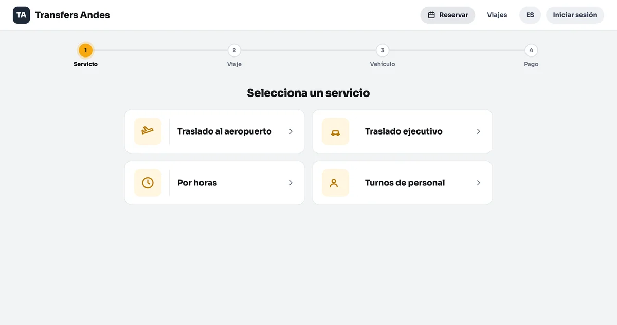 Inicio del portal de reservas con la barra de cuatro pasos y cuatro tarjetas de servicios.