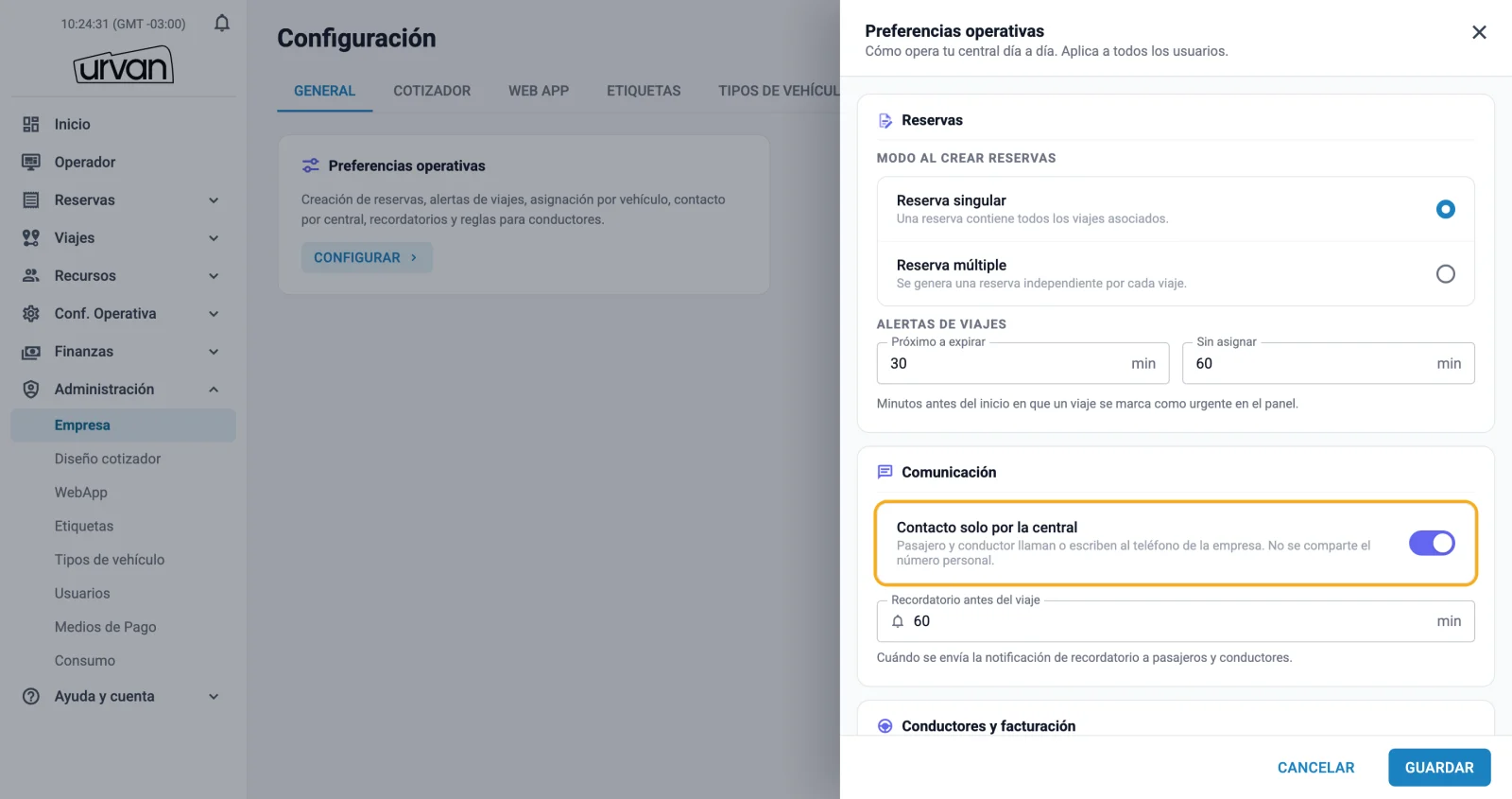 Panel Preferencias operativas con la opción Contacto solo por la central activada.