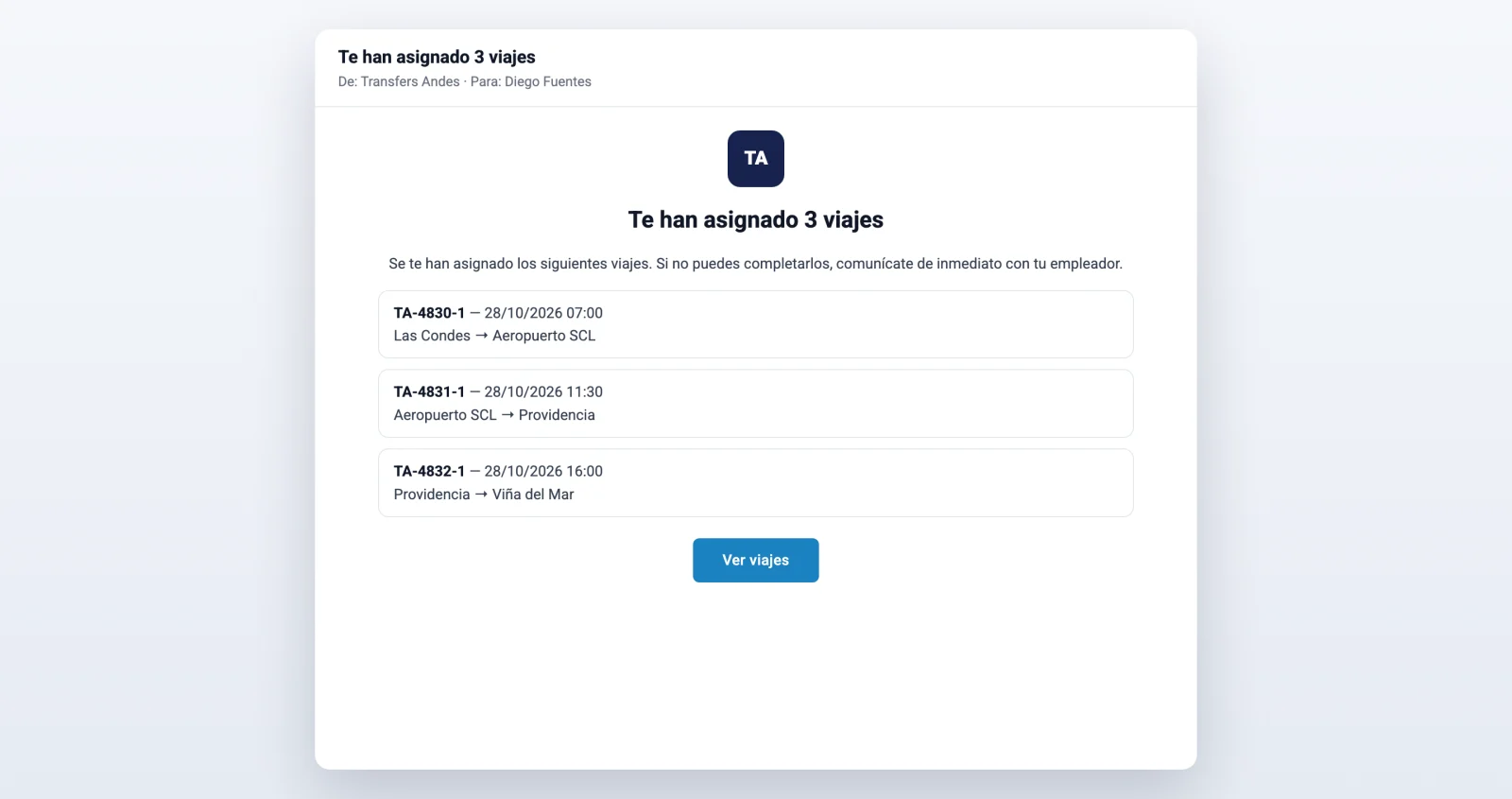 Correo Te han asignado 3 viajes con el código, la fecha y el recorrido de cada viaje.