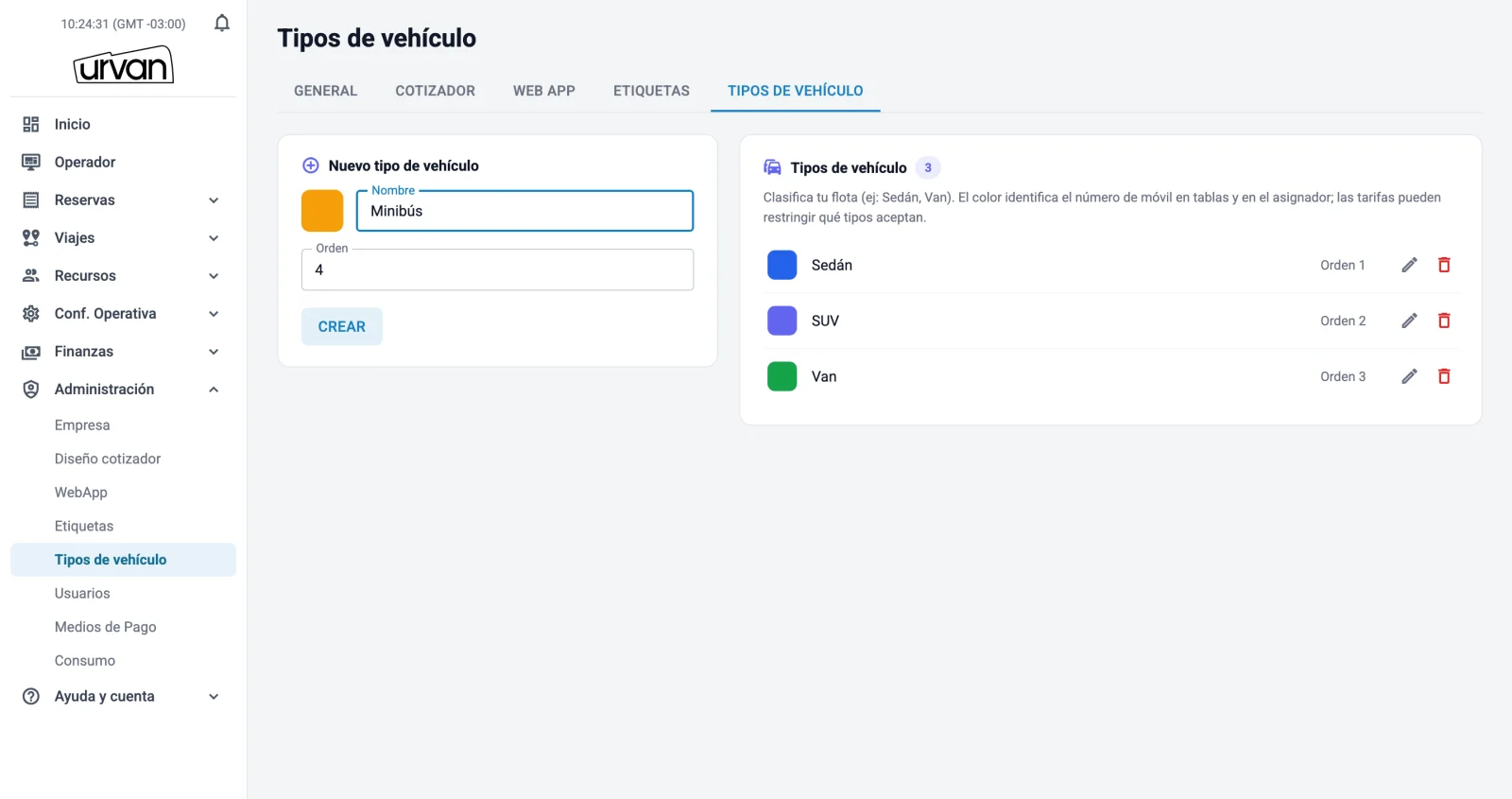 Pantalla Tipos de vehículo con el formulario para crear un tipo y la lista de tipos Sedán, SUV y Van, cada uno con su color.