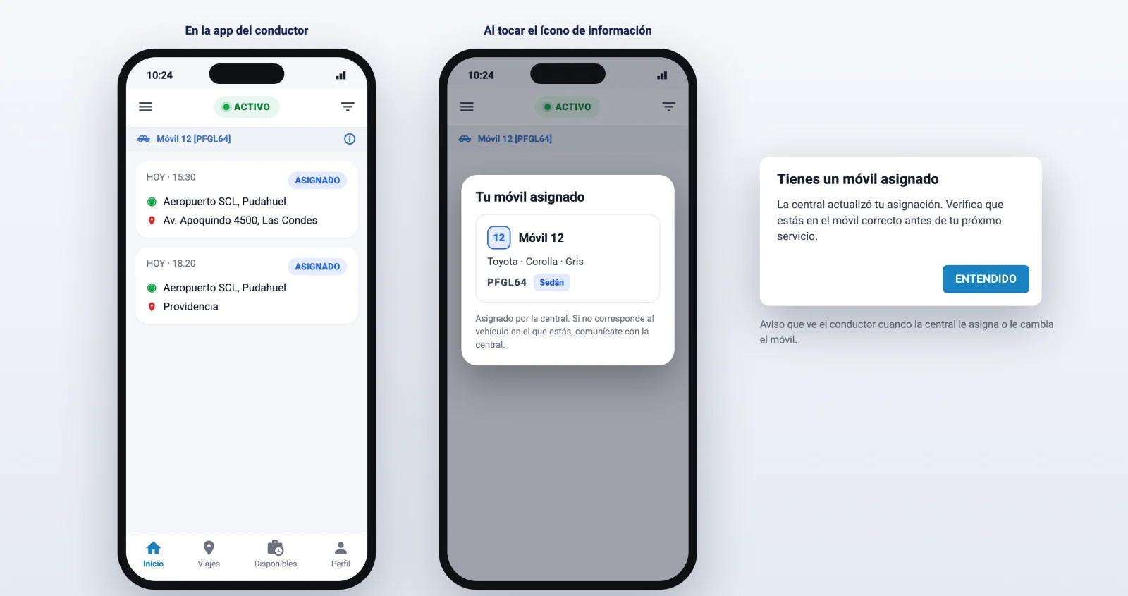 Dos pantallas de la app de conductores: la franja con el móvil 12 y el detalle Tu móvil asignado, junto al aviso Tienes un móvil asignado.