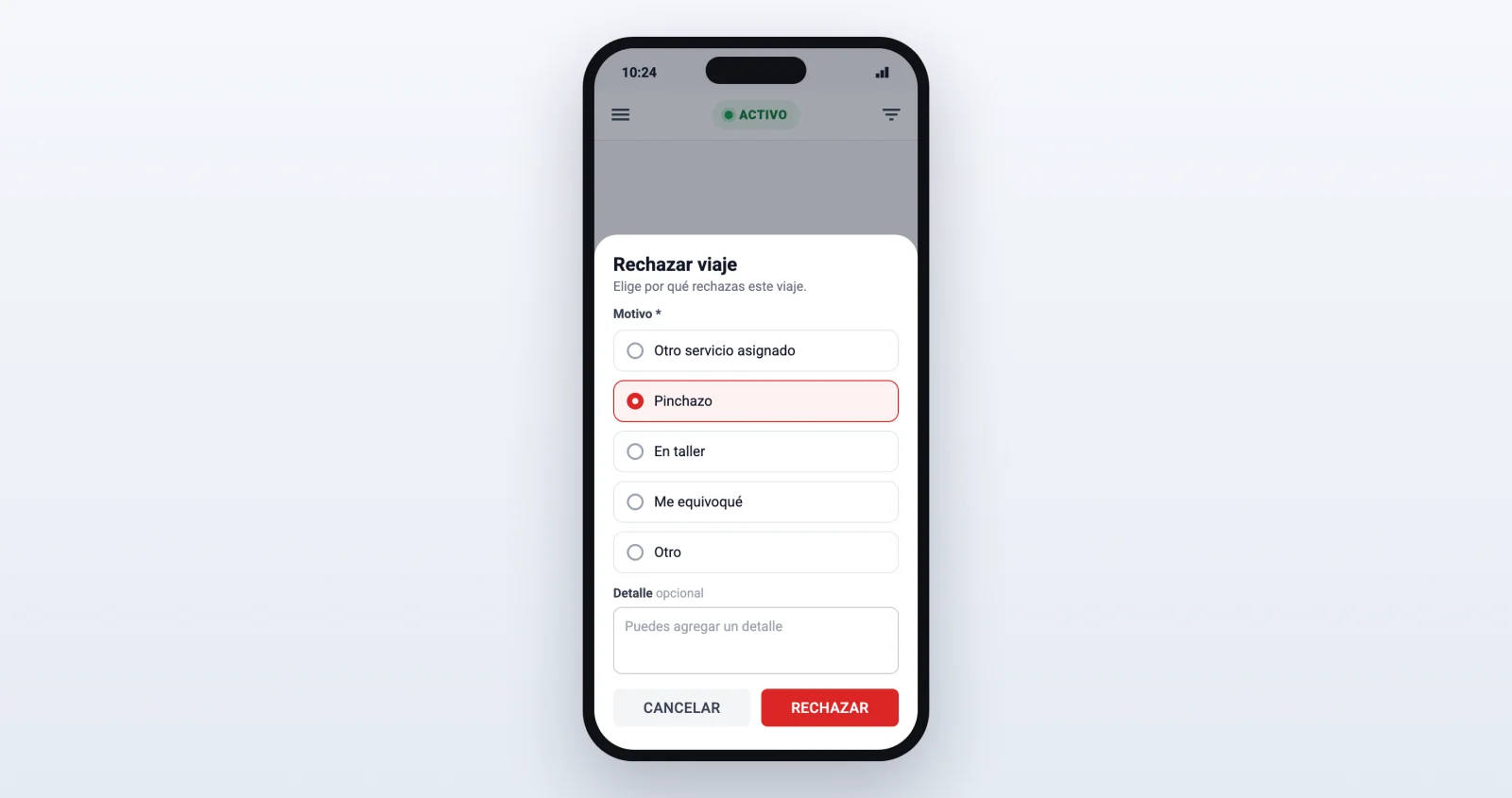 App de conductores con la ventana Rechazar viaje y la lista de motivos.