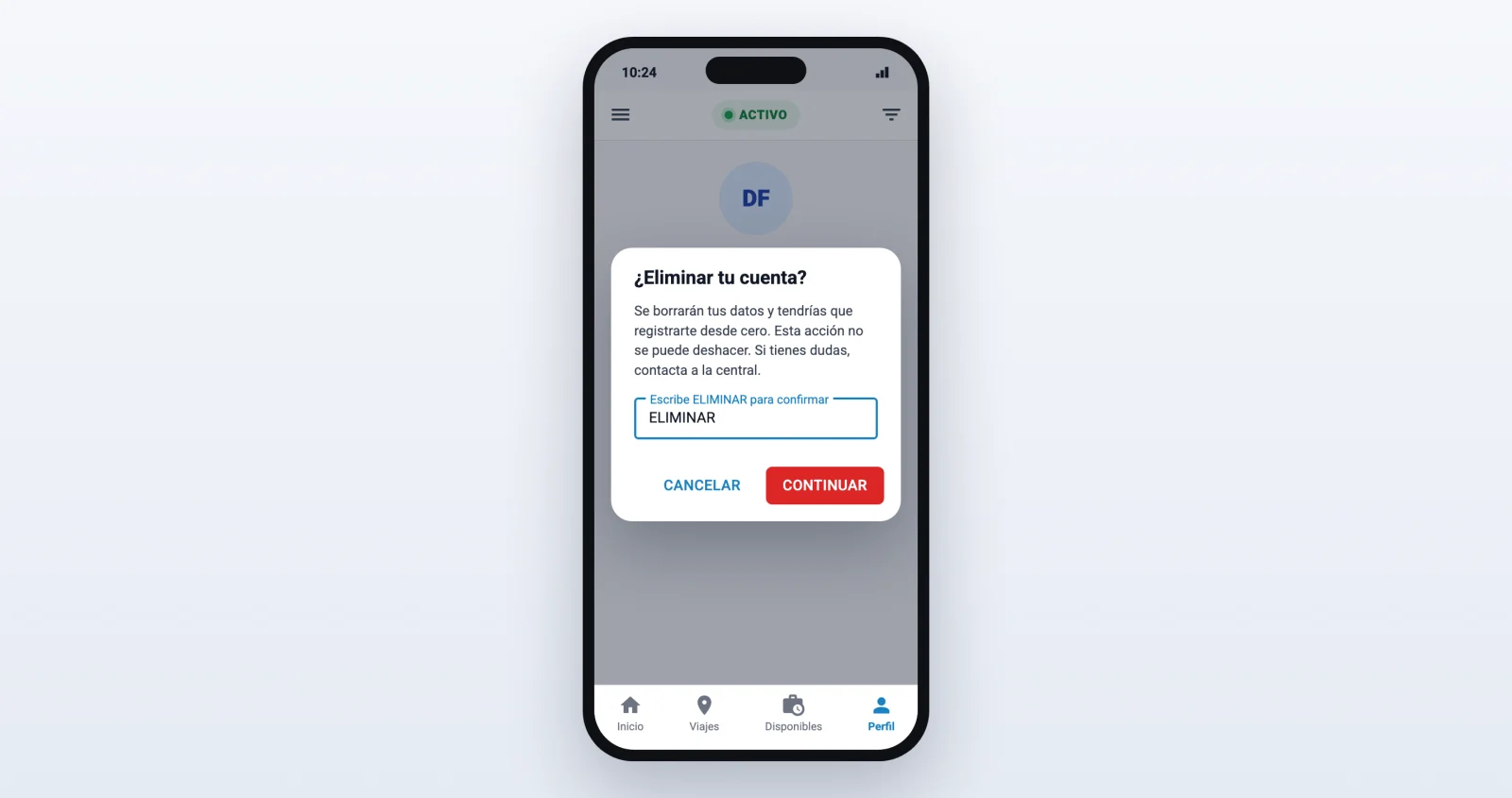 App de conductores con la ventana Eliminar tu cuenta y el campo para escribir ELIMINAR.