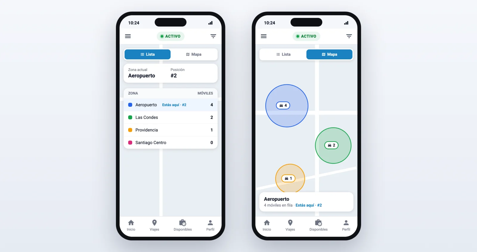 Dos pantallas de la app de conductores con las zonas en lista y en mapa, la zona actual y la posición en la fila.