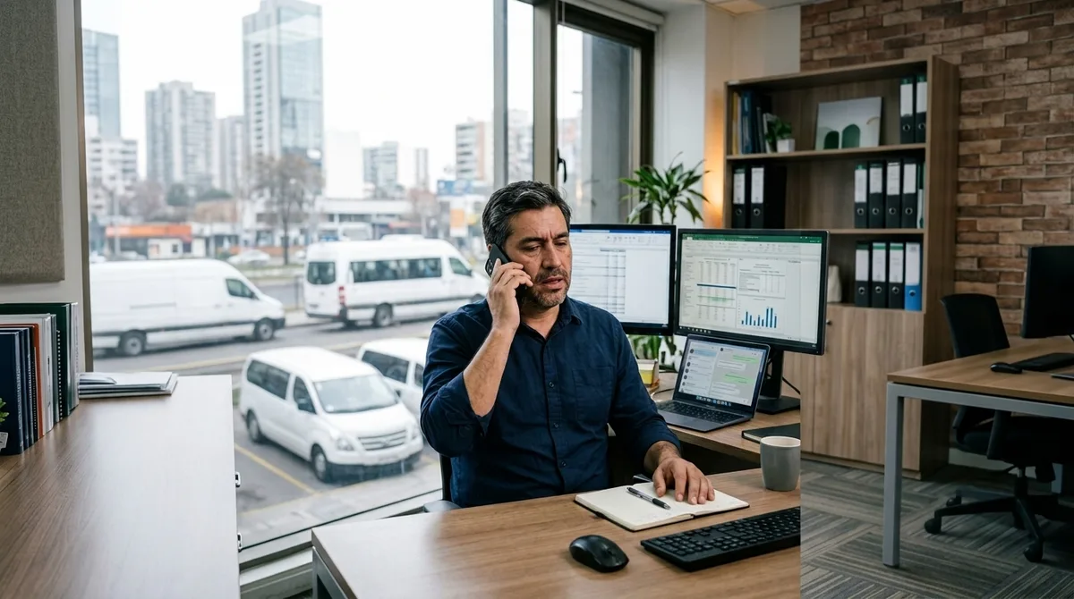 Dueño de una empresa de transporte habla por celular en una oficina moderna, frente a dos monitores con planillas y un notebook con un chat abierto, con vans blancas estacionadas tras el ventanal
