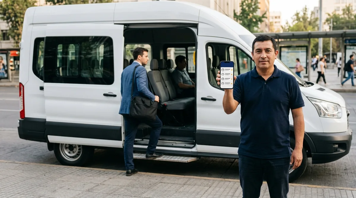 Conductor de una van de pasajeros muestra en su teléfono la app de conductores con la lista de pasajeros marcados, mientras un pasajero sube por la puerta lateral junto a un paradero