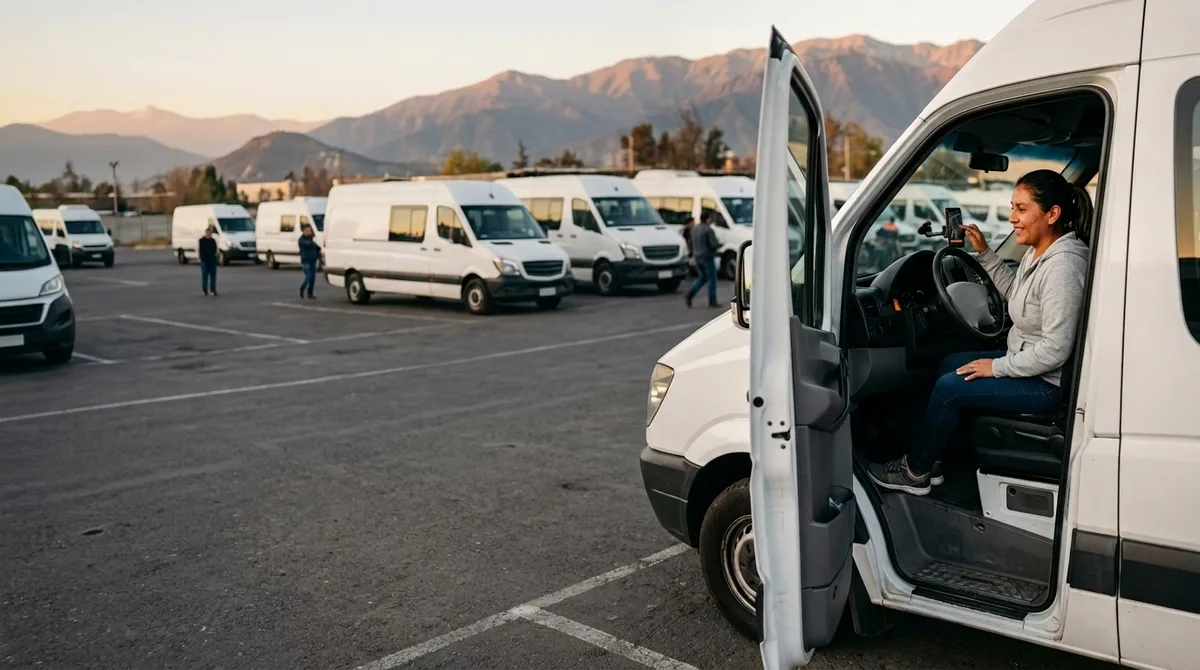 Conductora sonriente sentada al volante de una van blanca con la puerta abierta, tocando el celular del tablero, en un estacionamiento con vans y cerros al atardecer