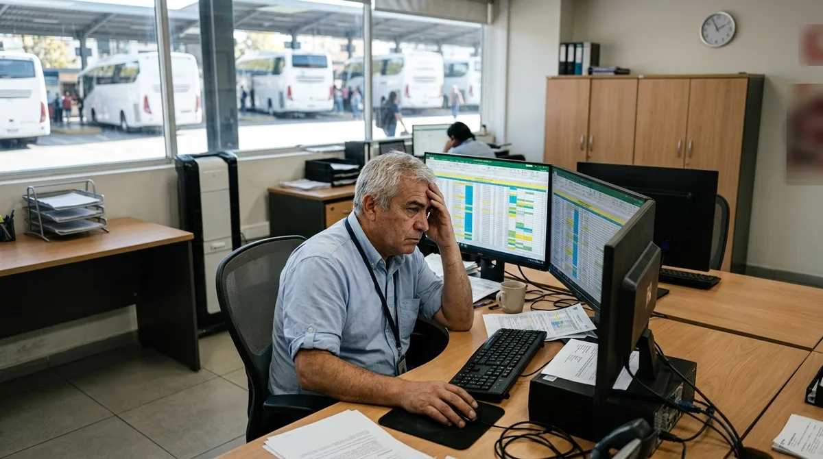 Jefe de tráfico de una empresa de buses con la mano en la frente frente a dos monitores con planillas de cálculo, en una oficina de operaciones con buses estacionados tras el ventanal