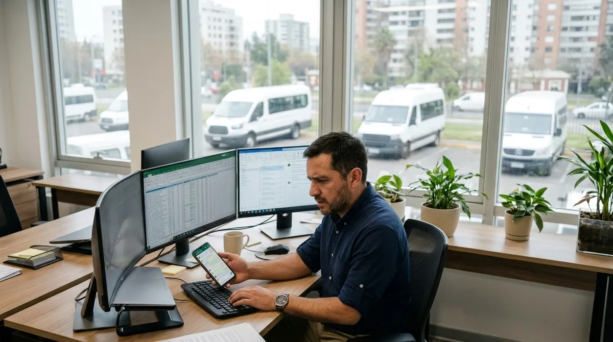 Coordinador de operaciones en una oficina moderna mirando un celular con un chat lleno de mensajes, frente a dos monitores con una planilla y un correo abiertos, con vans blancas estacionadas tras el ventanal