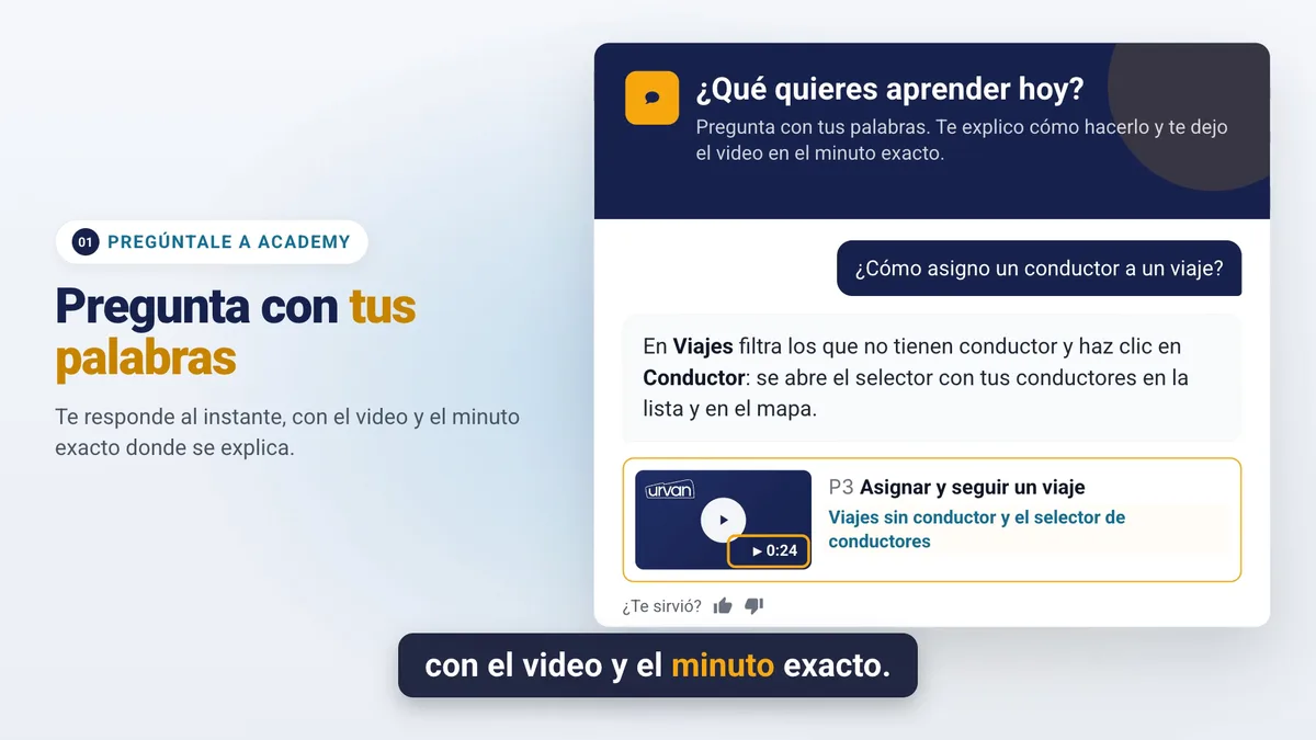 Chat de Urvan Academy respondiendo cómo asignar un conductor a un viaje, con el video sugerido y el minuto donde parte la explicación