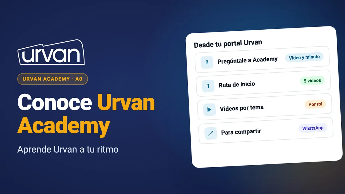 Miniatura del video Conoce Urvan Academy: el logo de Urvan, el título en blanco y ámbar y una tarjeta con Pregúntale a Academy, Ruta de inicio, Videos por tema y Para compartir